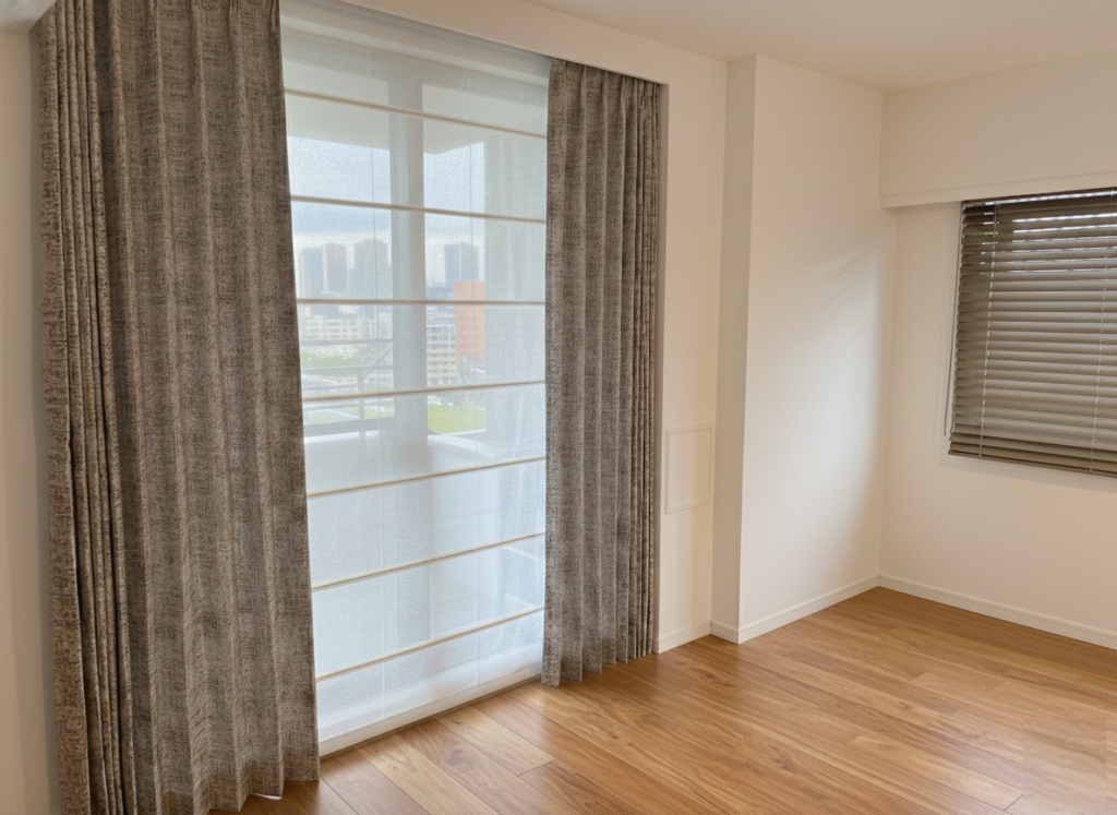 オーダーカーテンとシャープシェードとウッドブラインドを付けたリビング_東京都港区のマンション